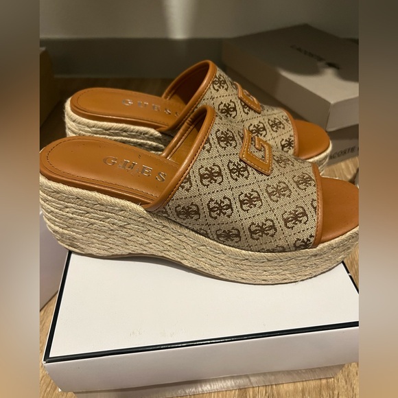 Guess Beige Logo Wedge Sandals - Picture 1 of 3